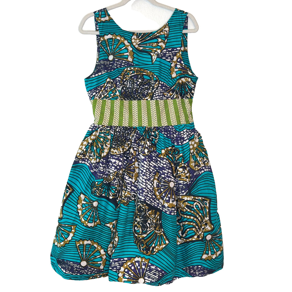 Anthropologie Mille Collines Moonrise Dress Womens 12 Teal Retro Flare Graphic